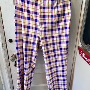Anthropologie pants in purple, yellow gold and white plaid